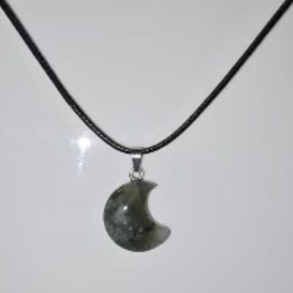 Green Moss Agate Moon Pendant with corded Necklace - Picture 1 of 5